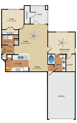 1 bedroom, 1 bathroom, study
