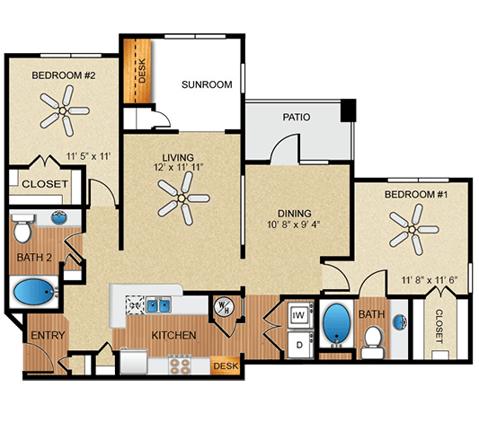 2 bedroom, 2 bathroom, sunroom