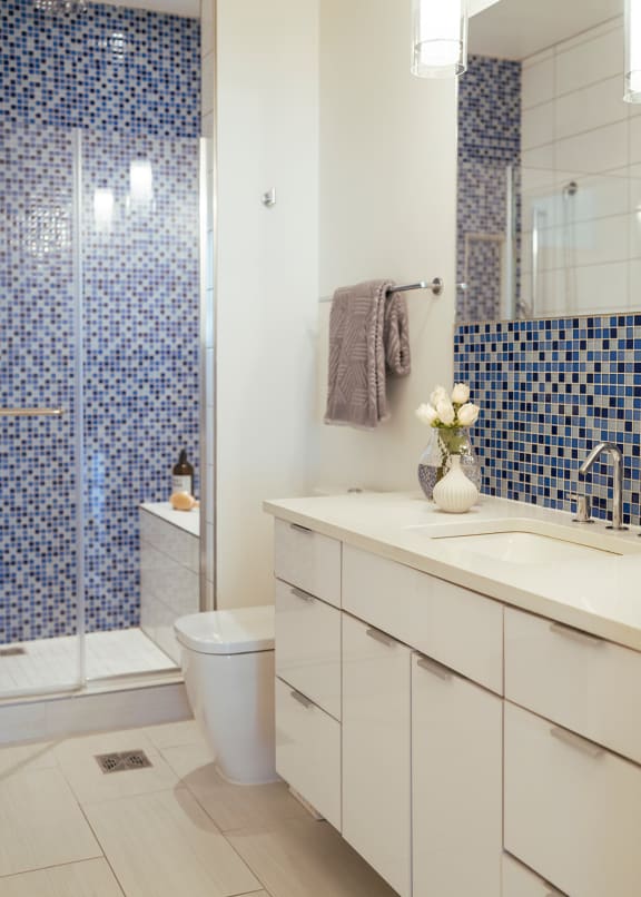 a bathroom with white cabinets and a blue and white tiled wall at Sky on Main in Kansas City, 64105