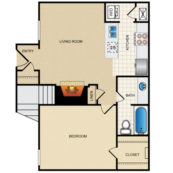 A floor plan of a small apartment with a living room, kitchen, bathroom, and bedroom.