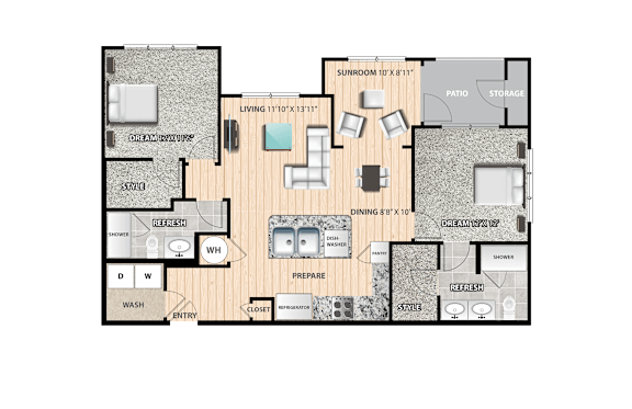 A floor plan of a house with a living room, dining room, kitchen, and bathrooms.