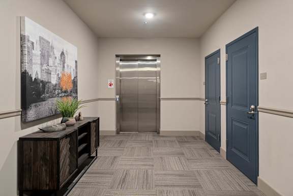 Interior hallway at The Dorset with elevator access and nearby apartment doors