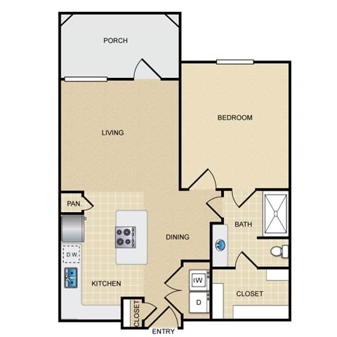 A1G Floor Plan: 1 bedroom, 1 bathroom, garage at Ovation at Lewisville Apartments, Lewisville, TX
