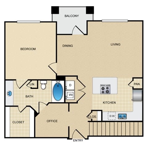 A4G Floor Plan: 1 bedroom, 1 bathroom, garage at Ovation at Lewisville Apartments, Lewisville, 75067