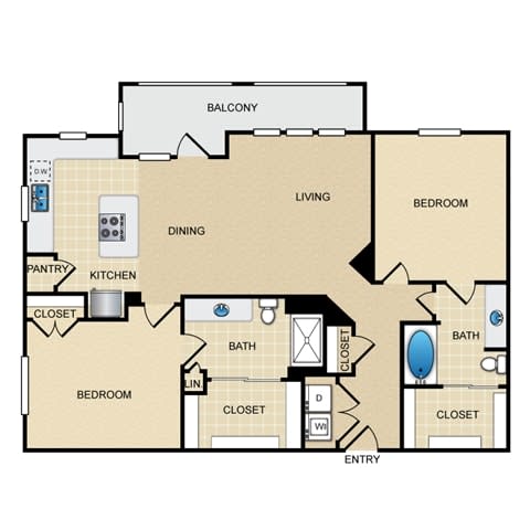 B2 Floor Plan: 2 bedroom, 2 bathroom at Ovation at Lewisville Apartments, Texas , 75067
