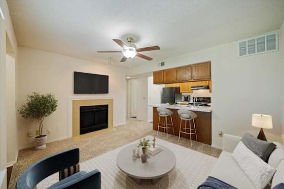 Wood-burning fireplace included in select homes at Waterford Place Apartments & Townhomes in Overland Park, KS