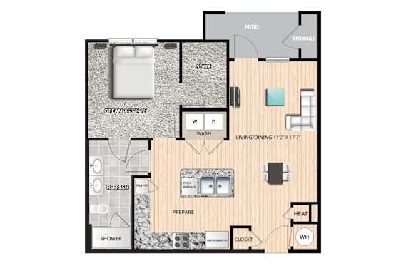 A floor plan of a house with a living room, dining room, kitchen, and bathroom.