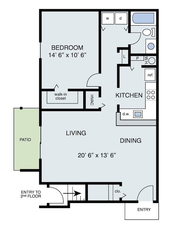 A floor plan of a home with a bedroom, living room, kitchen, dining room, and patio.