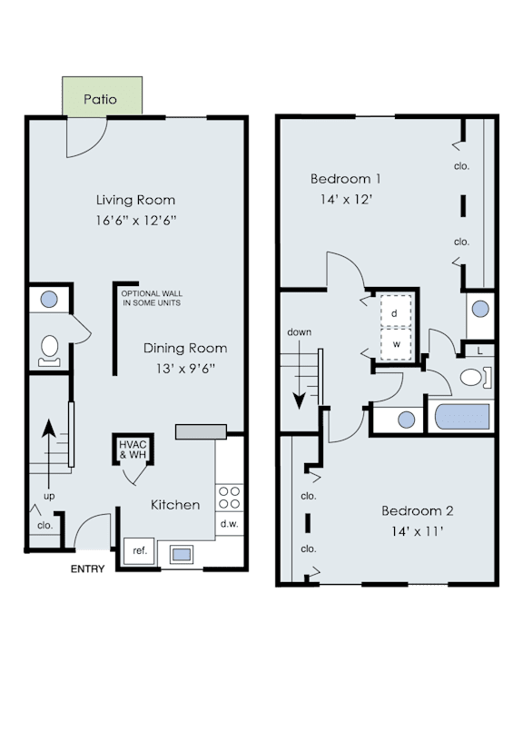 A floor plan of a two bedroom apartment with a living room, dining room, kitchen, and patio.