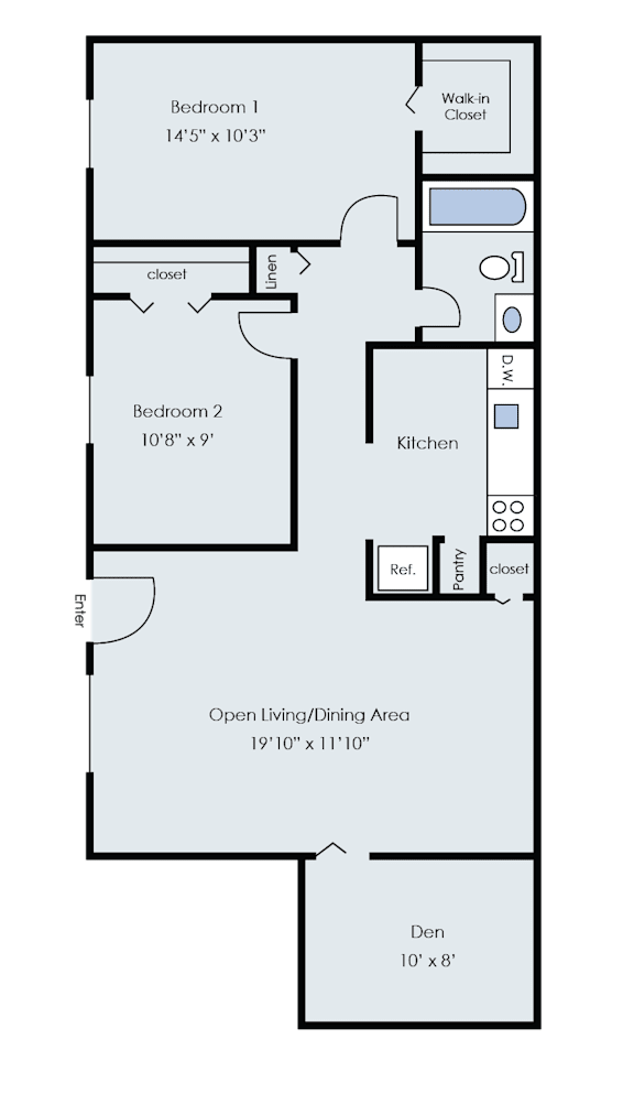 A floor plan of a small apartment with two bedrooms, a kitchen, and a den.