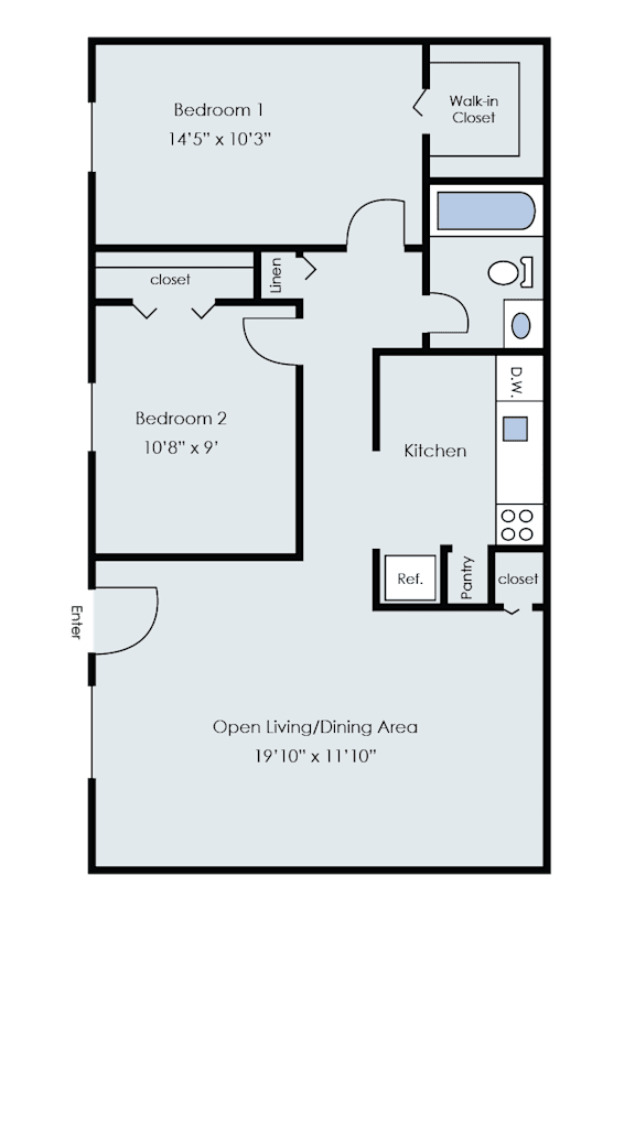 A floor plan of a small apartment with two bedrooms, a kitchen, and an open living/dining area.