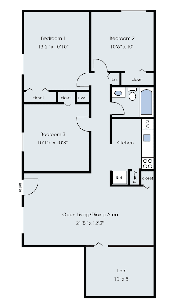 A floor plan of a house with three bedrooms, a kitchen, and an open living/dining area.