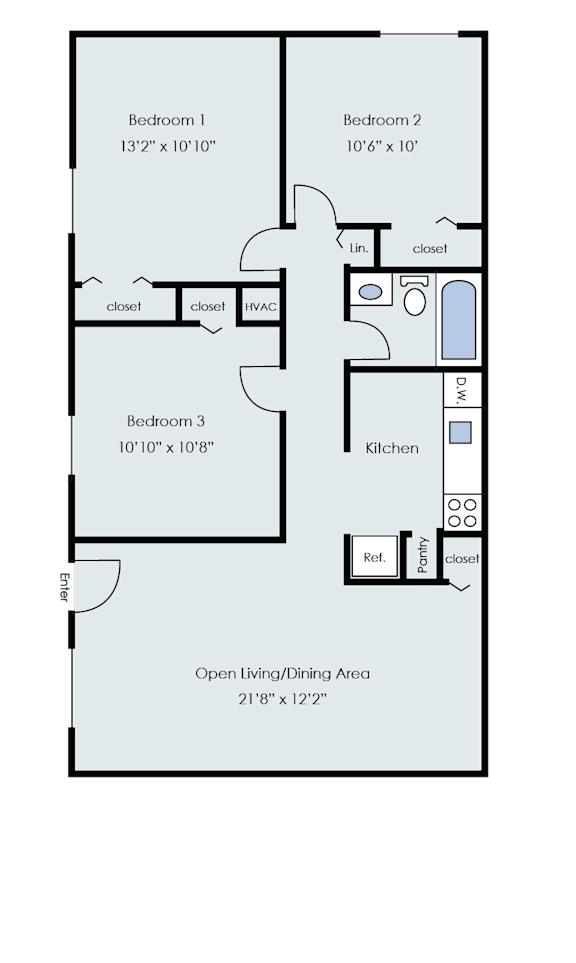 A floor plan of a two bedroom apartment with an on-plot living/dining area.
