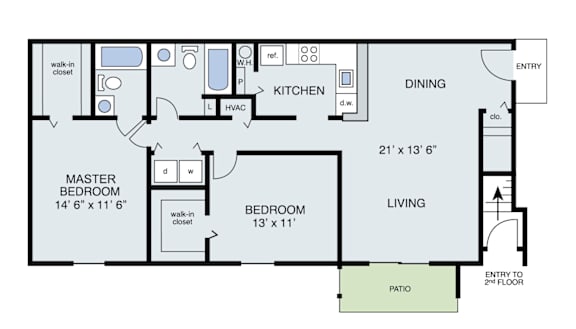 A floor plan of a house with a living room, dining room, kitchen, and two bedrooms.