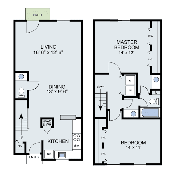 A floor plan of a two-bedroom apartment with a living room, dining room, kitchen, and patio.