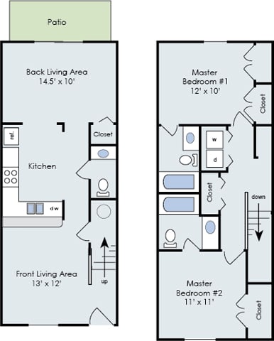 a floor plan of a house with two floors and a kitchen and a living room
