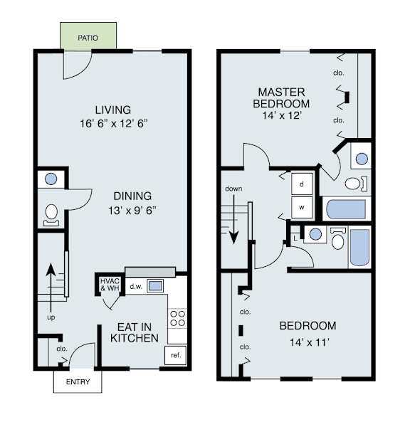 A floor plan of a house with a living room, dining room, kitchen, and two bedrooms.