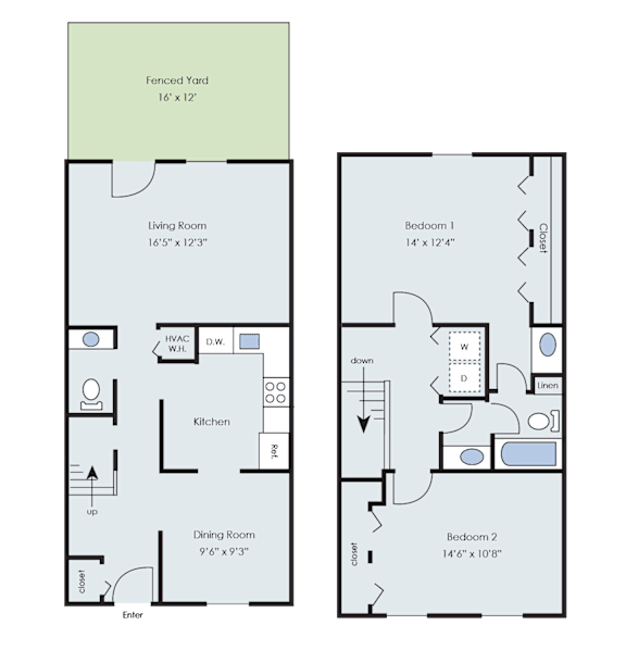 A floor plan of a penciled yard 16'x12' with a living room, kitchen, dining room, and two bedrooms.