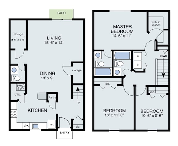 A floor plan of a house with a living room, dining room, kitchen, two bedrooms, a pantry, a cloakroom, and a patio.
