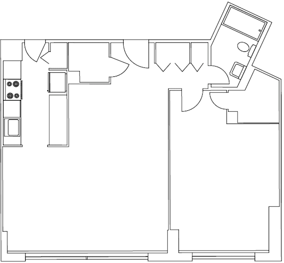 A black and white image of a floor plan with a kitchen area on the left and a bedroom area on the right.