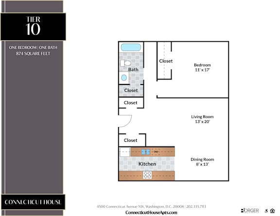 A floor plan for a one bedroom, one bath apartment at the Connecticut House in Washington D.C.