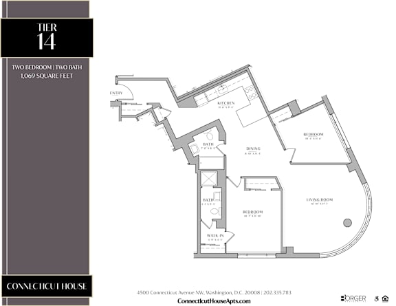 A floor plan for a two bedroom, two bath apartment at the Connecticut House.