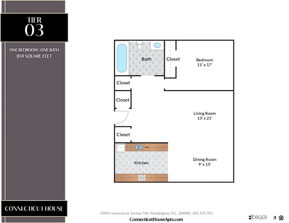 A floor plan for a one bedroom, one bath apartment at the Connecticut House.