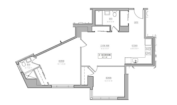 A floor plan of a house with two bedrooms and a living room.