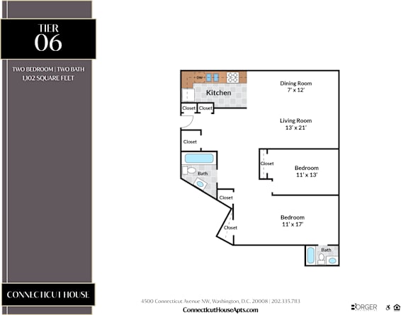 A floor plan for a two bedroom, two bath apartment at the Connecticut House.