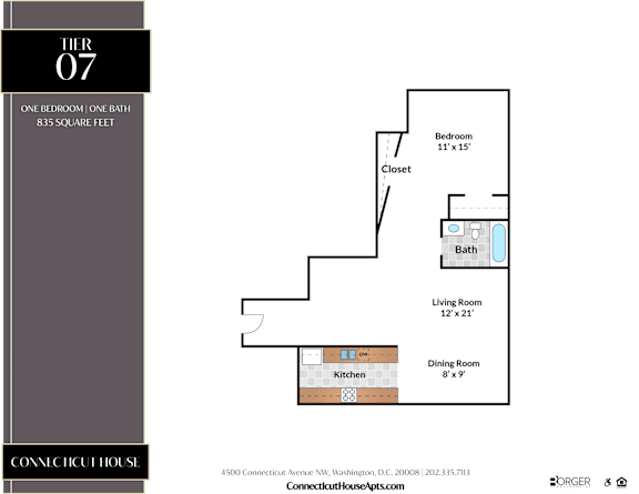 A floor plan for a one bedroom apartment on the 7th floor of a building.