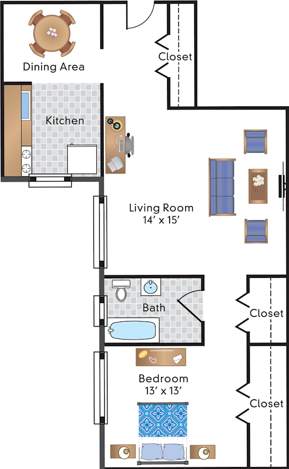 A floor plan of a small apartment with a living room, dining area, kitchen, bath, and bedroom.