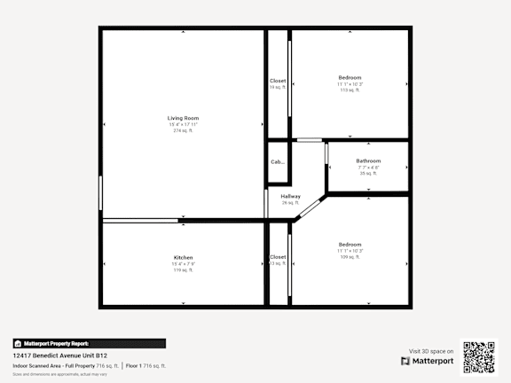 A floor plan of an apartment with a living room, kitchen, and two bedrooms.