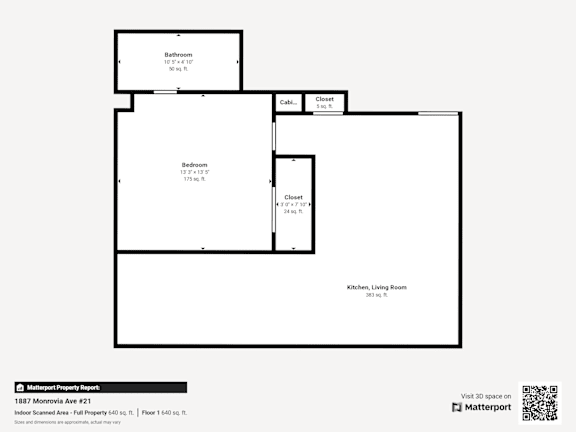 A floor plan of a property with a bedroom, bathroom, kitchen, living room, and two closets.