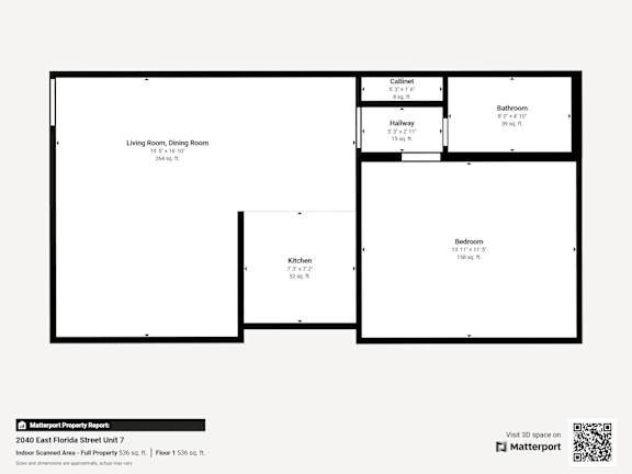 Floor plan for a property with a living room, dining room, kitchen, hallway, and bathroom.