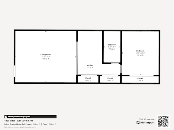 A floor plan of an apartment with a living room, bathroom, kitchen, and three closets.