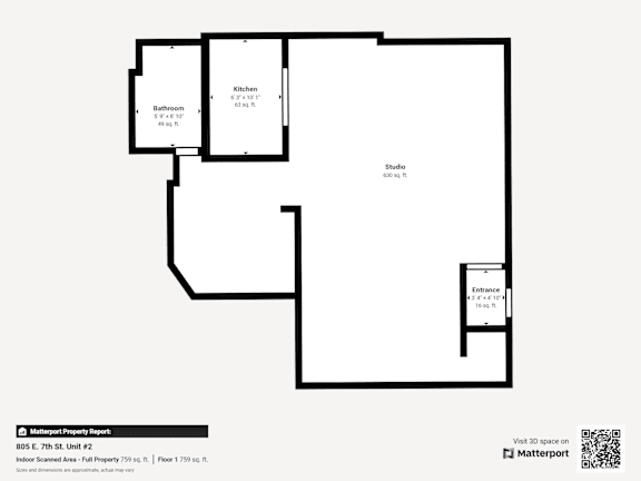 A floor plan of an apartment with a kitchen, bathroom and living room.