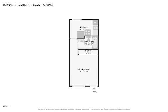 A floor plan for a one bedroom apartment on the first floor.
