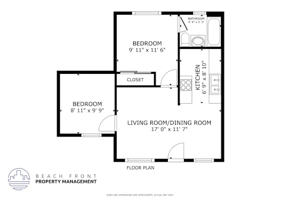 A floor plan for a home with a living room, dining room, and two bedrooms.