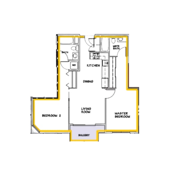 A floor plan of a house with a kitchen, dining area, and three bedrooms.
