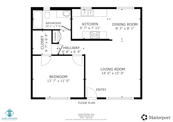 A floor plan of a home with a living room, dining room, kitchen, bathroom, and bedroom.