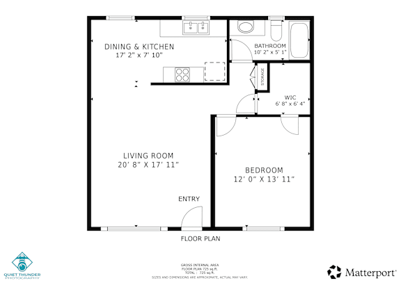 A floor plan of a living space with a dining and kitchen area, a living room, a bathroom, and a bedroom.