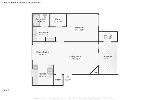 A floor plan of a one bedroom apartment.