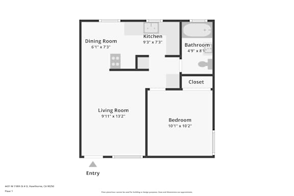 A floor plan of a one bedroom apartment.