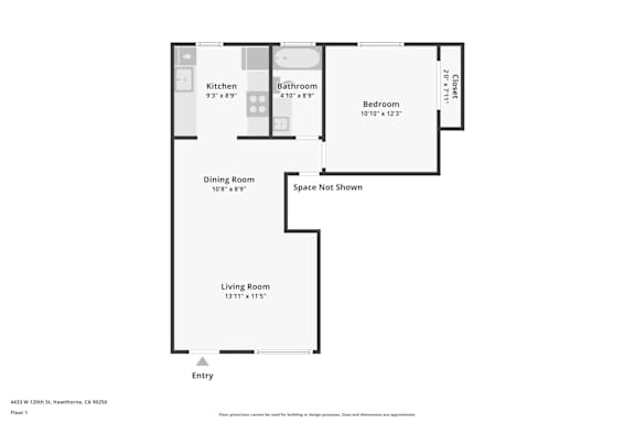 A floor plan of a one bedroom apartment.