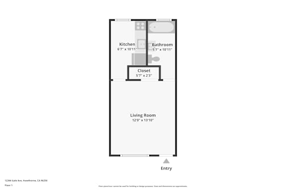 A floor plan of a property with a kitchen, bathroom, living room and entry.