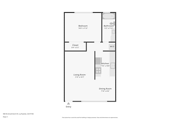 A floor plan of a one bedroom apartment with dimensions.