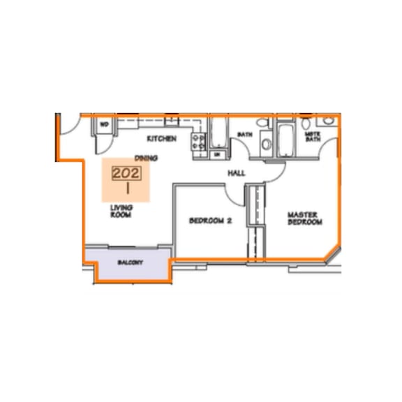 A floor plan of a house with a living room, two bedrooms, a hall, a kitchen, a bathroom, and a balcony.