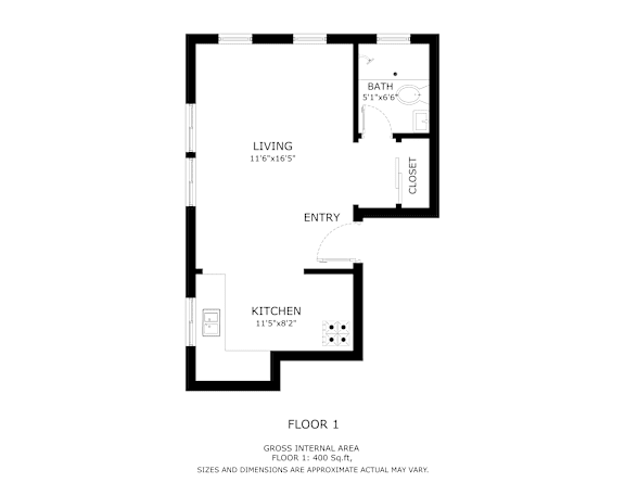 A black and white image of a floor plan for a one bedroom apartment.