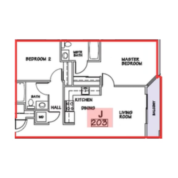 A floor plan of a house with a living room, two bedrooms, a kitchen, and a dining area.