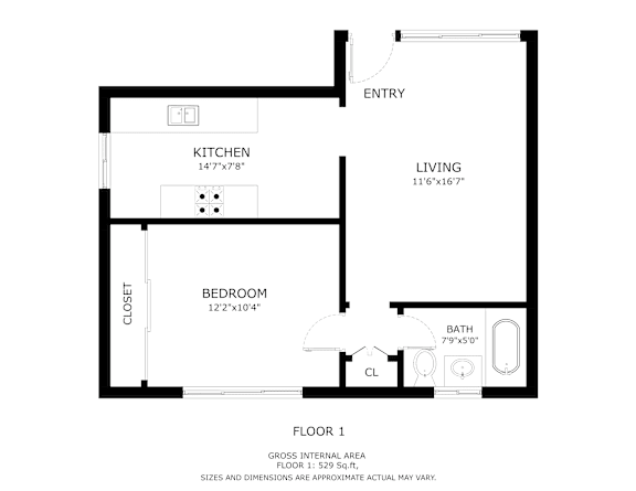 A black and white image of a floor plan for a one bedroom apartment.